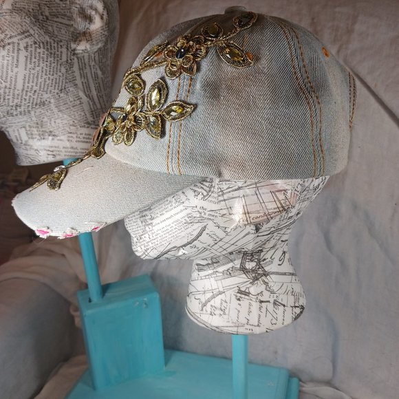 Natalie Mills Flora Rhinestone Baseball Cap Women's Hat Gray Distressed Denim - Picture 6 of 12